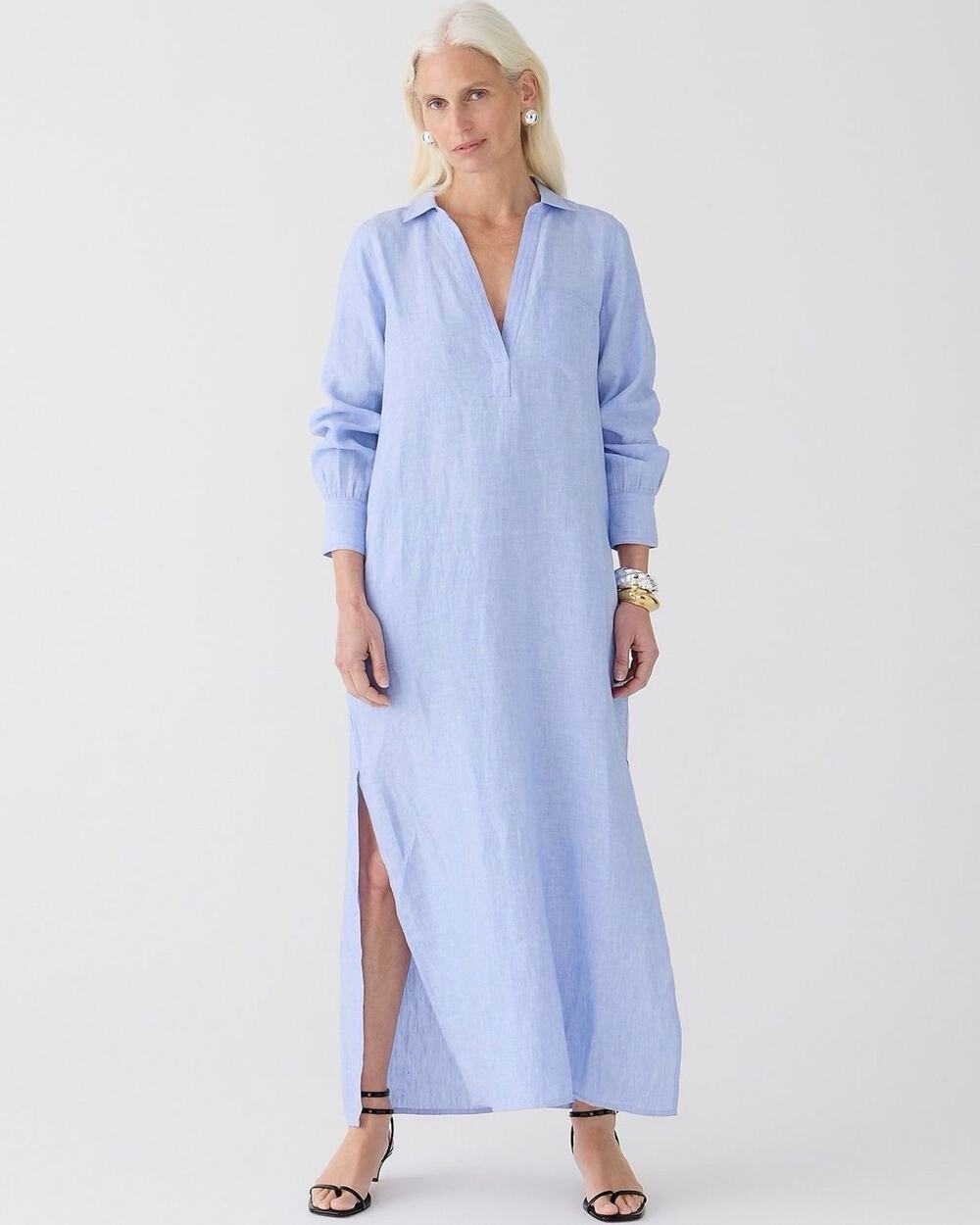 J Crew Bungalow Maxi Popover Dress S in Linen Blue Quiet Luxury Coastal Beach